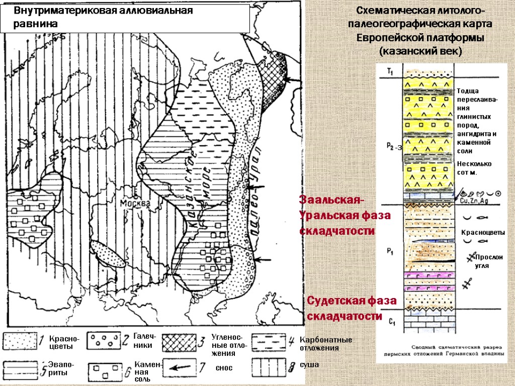 Схематическая литолого-палеогеографическая карта Европейской платформы (казанский век) Тодща переслаива-ния глинистых пород, ангидрита и каменной